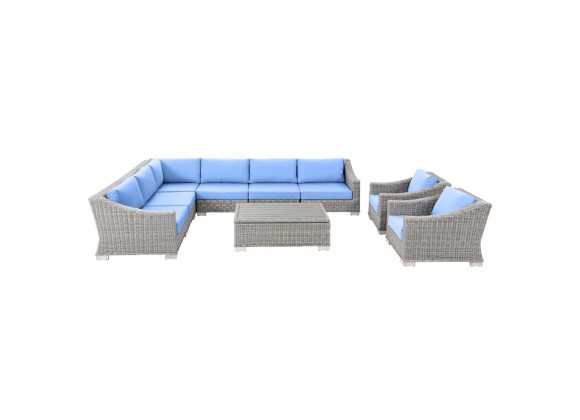 Modway Conway Outdoor Patio Wicker Rattan 9-Piece Sectional Sofa Furniture Set - Light Blue - Set in Front Angle