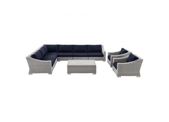 Modway Conway Outdoor Patio Wicker Rattan 9-Piece Sectional Sofa Furniture Set - Navy - Set in Front Angle