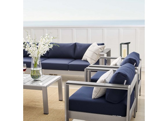 Modway Shore Sunbrella® Fabric Outdoor Patio Aluminum 7 Piece Sectional Sofa Set - Silver Navy - Lifestyle