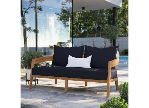 Modway Brisbane Teak Wood Outdoor Patio Loveseat in Natural Navy - Lifestyle