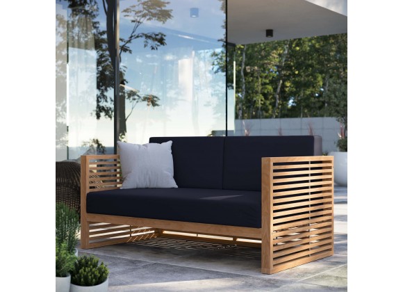 Modway Carlsbad Teak Wood Outdoor Patio Loveseat in Natural Navy - Lifestyle