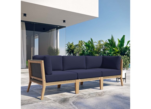 Modway Clearwater Outdoor Patio Teak Wood Sofa in Gray Navy - Lifestyle