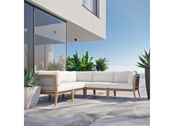 Modway Clearwater Outdoor Patio Teak Wood 5-Piece Sectional Sofa in Gray White - Lifestyle