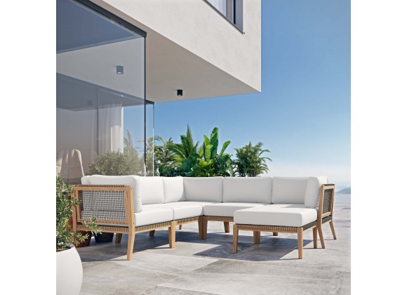 Modway Clearwater Outdoor Patio Teak Wood 6-Piece Sectional Sofa - Gray White - Lifestyle