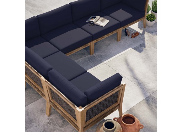 Modway Clearwater Outdoor Patio Teak Wood 6-Piece Sectional Sofa - Gray Navy - Lifestyle