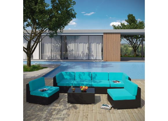 Modway Aero 7 Piece Outdoor Patio Sectional Set - Espresso Turquoise - Lifestyle