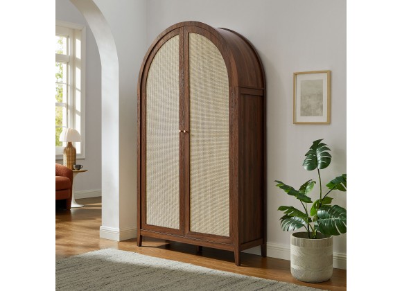 Modway Calista 79" Tall Wide Rattan Arched Storage Cabinet Walnut