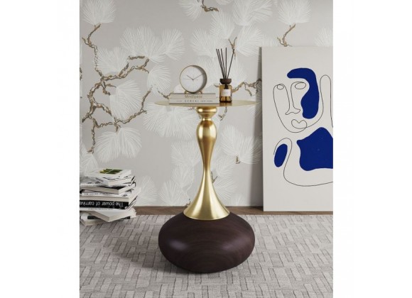Manhattan Comfort Modern Patchin End Table with Round Metal Base in Brown Wood with Gold Tabletop