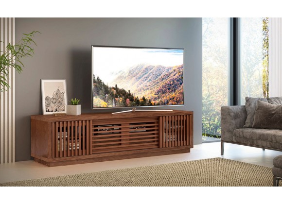 70" Contemporary Rustic TV Stand Media Console for Flat Screen and Audio Video Installations in American Red Oak with a Matte Cognac Finish - Lifestyle