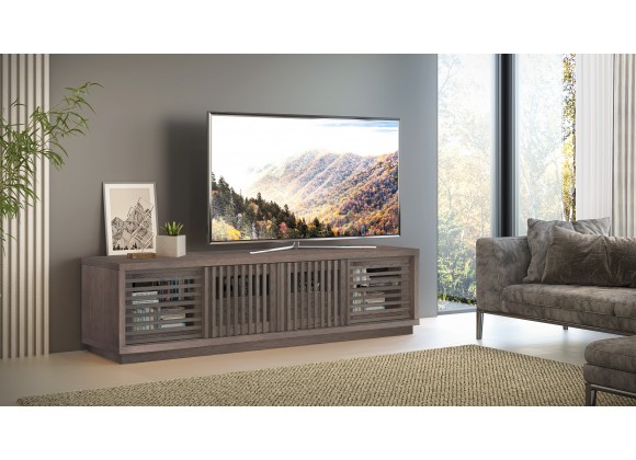 Furntech Signature 82" Contemporary Coastal Grey Rustic TV Stand Media Console in American Red Oak - Lifestyle