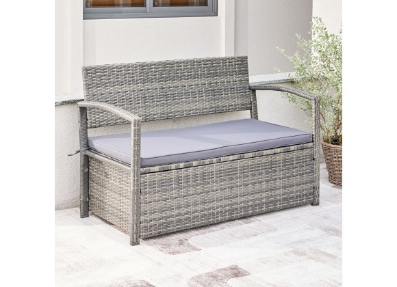 Vifah Gabrielle All-weather Resin Wicker Lounge Patio Sofa Storage Bench in Grey with Cushion, Front Angle