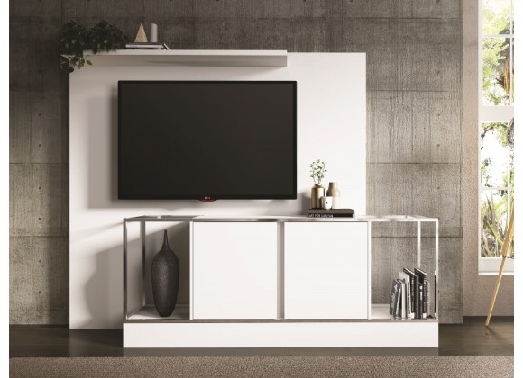 Noa Tall Entertainment Center In Matte White With Chromed Metal Frame - Lifestyle
