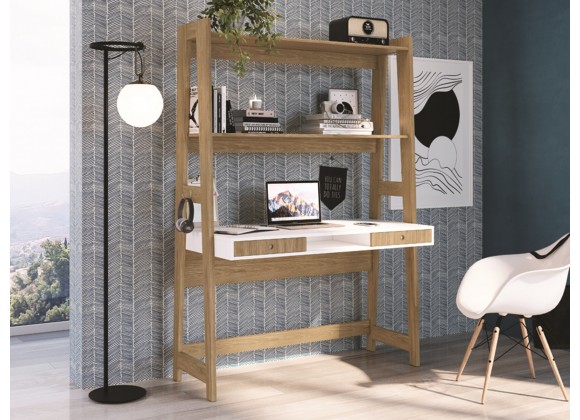 Casabianca TOWER DESK Office Desk In White Melamine With Built In Bookcase And Oak Legs - Lifestyle