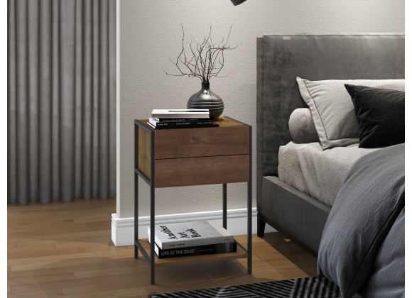 Casabianca CLARK Nightstand In Walnut Melamine With Black Painted Metal Frame - Lifestyle