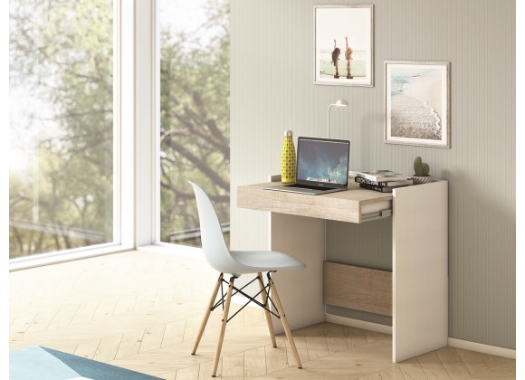 Lulu Office Desk In White And Light Oak Wood Grain Melamine - Lifestyle