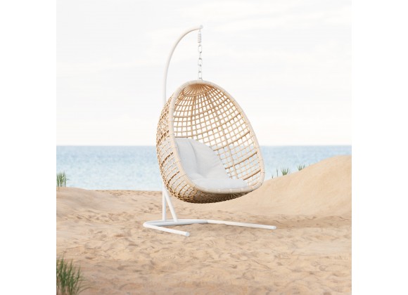 Azzurro Kiawah Hanging Chair With Matte White Aluminum Frame And Almond All-Weather Wicker - Lifestyle