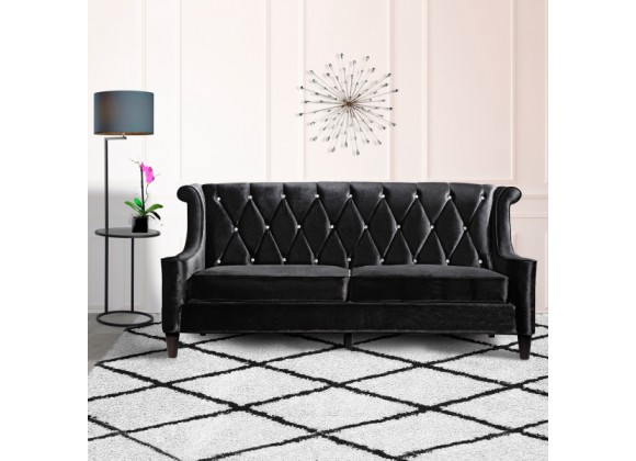 Armen Living Barrister Sofa In Black Velvet With Crystal Buttons