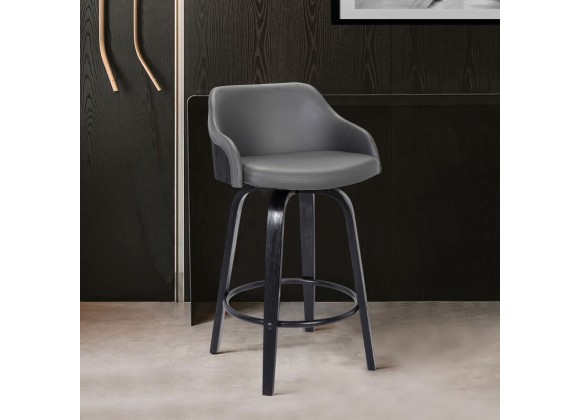 Armen Living Alec 26" Counter Height Swivel Grey Faux Leather and Black Wood Bar Stool
