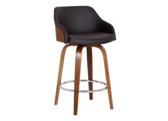 Armen Living Alec 30" Bar  Height Swivel Brown Faux Leather and Walnut Wood Bar Stool