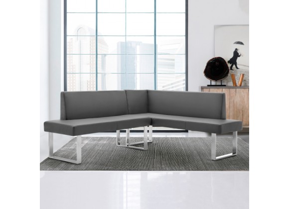 Armen Living Amanda Contemporary Nook Corner Dining Bench in Gray Faux Leather and Chrome Finish