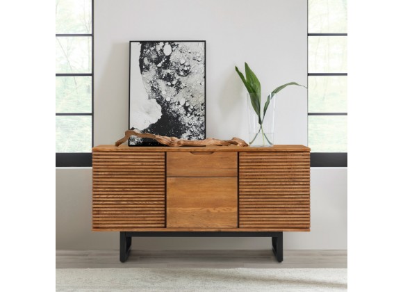 Armen Living Aldo Brown Oak Sideboard Buffet Cabinet in Brown Oak Wood with Black Metal Legs