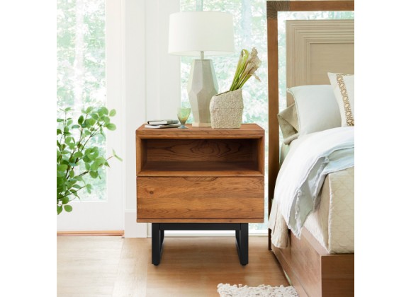 Armen Living Aldo 1 Drawer Nightstand In Brown Oak Wood With Black Metal Legs