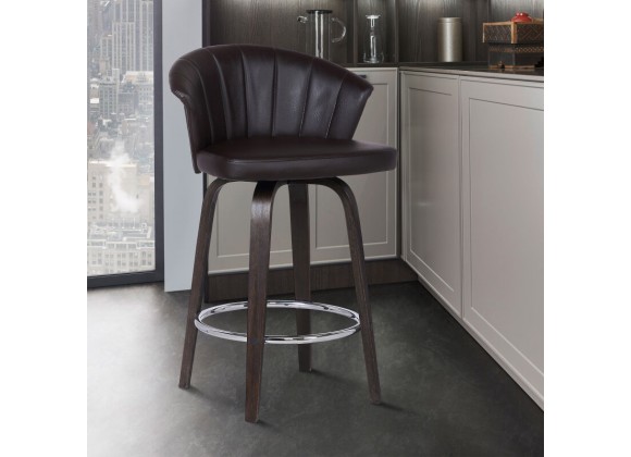 Armen Living Ashley Wood Back 26" Swivel Brown Faux Leather Bar Stool