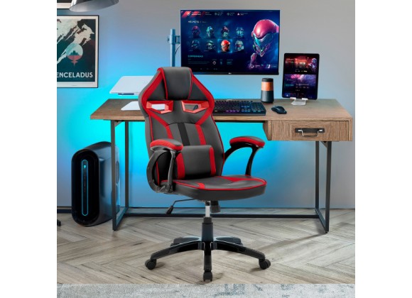 Aspect Adjustable Racing Gaming Chair in Black Faux Leather and Red Mesh with Lumbar Support Pillow