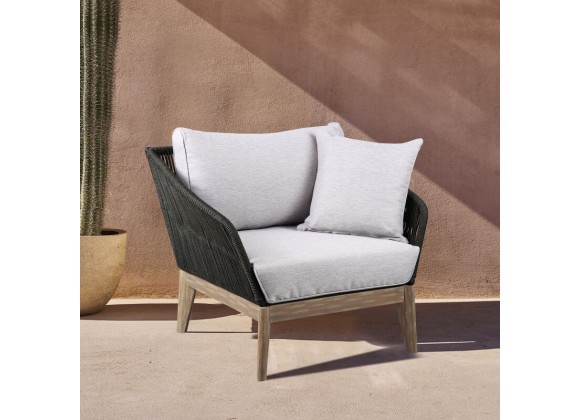 Armen Living Athos Indoor Outdoor Club Chair in Light Eucalyptus Wood with Latte Rope and Grey Cushions