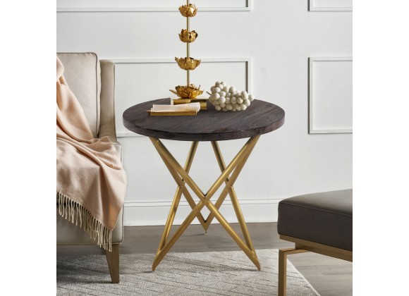 Armen Living Atala Brown Veneer End Table with Brushed Gold Legs Lifestyle View