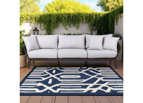 Armen Living Athos Indoor Outdoor 3 Seater Sofa in Dark Eucalyptus Wood with Latte Rope and Grey Cushions - Lifestyle 