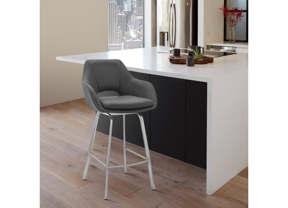 Armen Living Aura Gray Faux Leather and Brushed Stainless Steel Swivel 30" Bar Stool