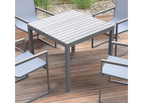 Armen Living Bistro Outdoor Patio Dining Table in Grey Powder Coated Finish with Grey Wood Top