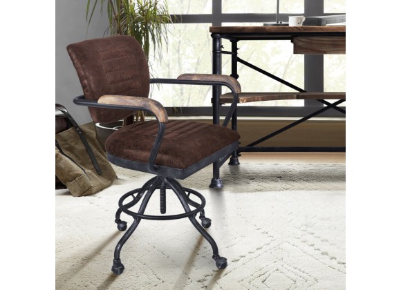 Armen Living Brice Modern Office Chair In Industrial Gray Finish And Brown Fabric With Pine Wood Arms