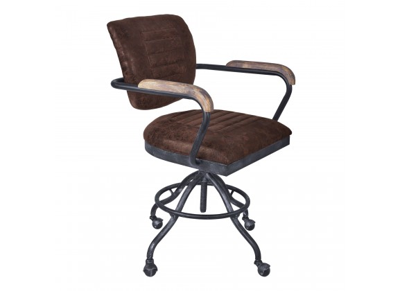 Brice Modern Office Chair in Industrial Grey Finish and Brown Fabric with Pine Wood Arms