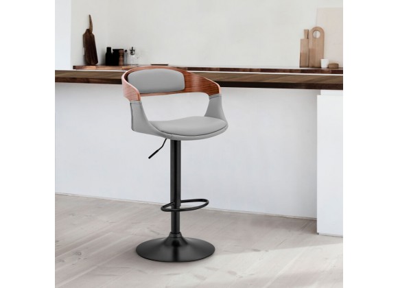  Benson Adjustable Gray Faux Leather and Walnut Wood Bar Stool with Black Base