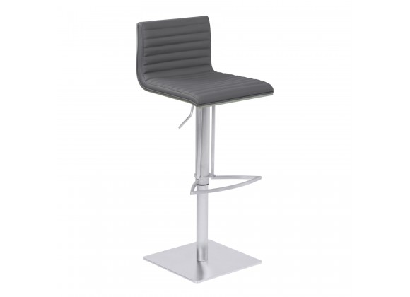 Cafe Adjustable Metal Barstool in Gray Faux Leather with Brushed Stainless Steel Finish and Gray Walnut Wood Back - Angled