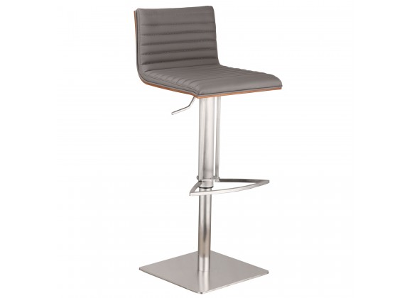 Café Adjustable Brushed Stainless Steel Barstool in Gray Faux Leather with Walnut Back
