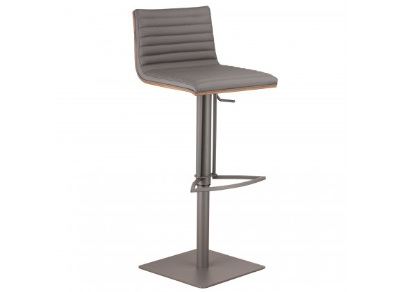 Café Adjustable Gray Metal Barstool in Gray Faux Leather with Walnut Back - Angled