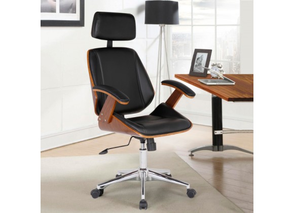 Armen Living Century Office Chair With Multifunctional Mechanism In Chrome finish With Black Faux Leather And Walnut Veneer Back