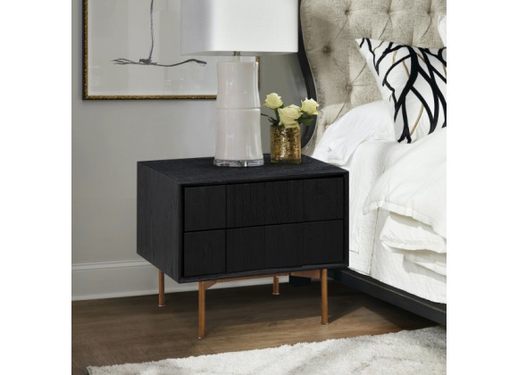 Armen Living Carnaby 2 Drawer Nightstand in Black Brushed Oak and Bronze