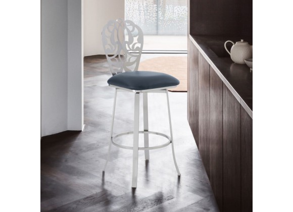 Cherie Contemporary Counter Height Barstool in Brushed Stainless Steel Finish and Gray Faux Leather