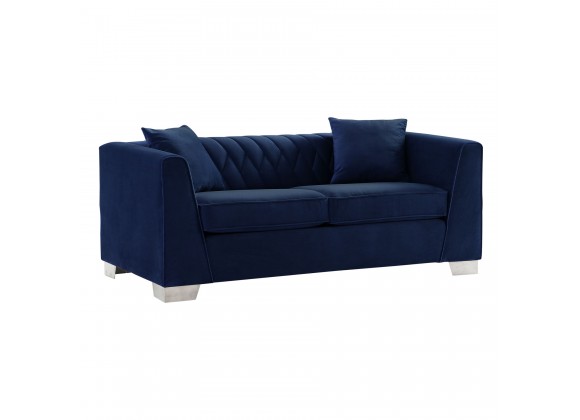 Cambridge Contemporary Loveseat in Brushed Stainless Steel and Blue Velvet - Angled