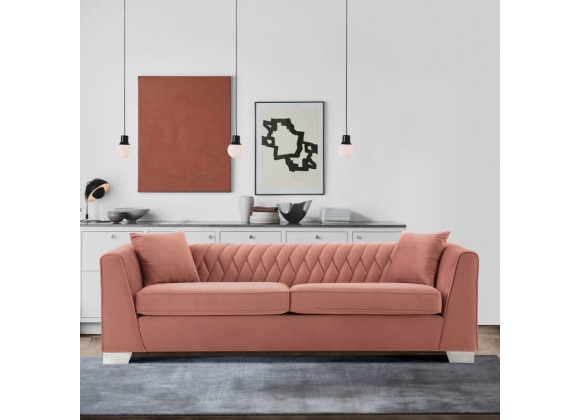 Armen Living Cambridge Contemporary Sofa in Brushed Stainless Steel and Blush Velvet