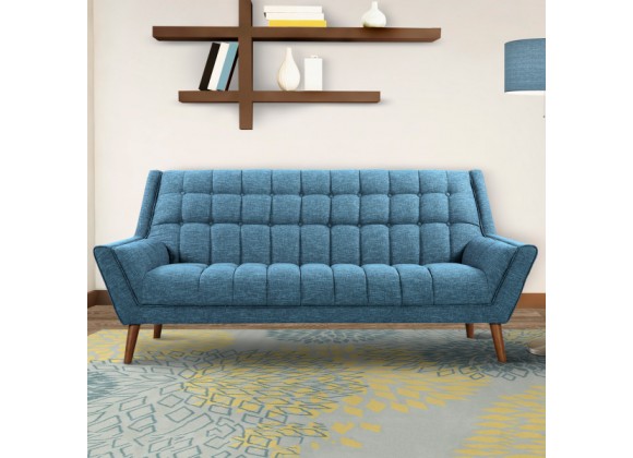 Armen Living Cobra Mid-Century Modern Sofa in Blue Linen and Walnut Legs