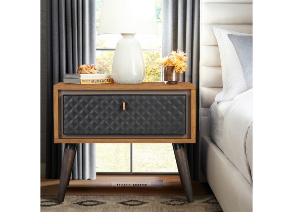 Armen Living Coco Rustic Single Drawer Oak Wood and Faux Leather Nightstand in Black
