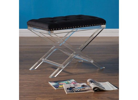 Armen Living Cody Modern and Contemporary Tufted Ottoman in Black Velvet with Acrylic Legs
