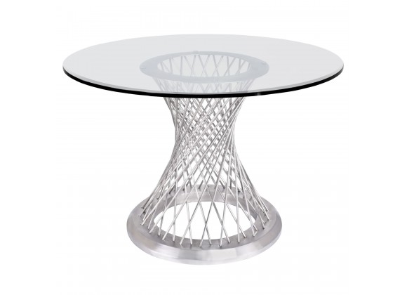 Armen Living Calypso Contemporary Dining Table in Brushed Stainless Steel with Clear Tempered Glass Top - Angled