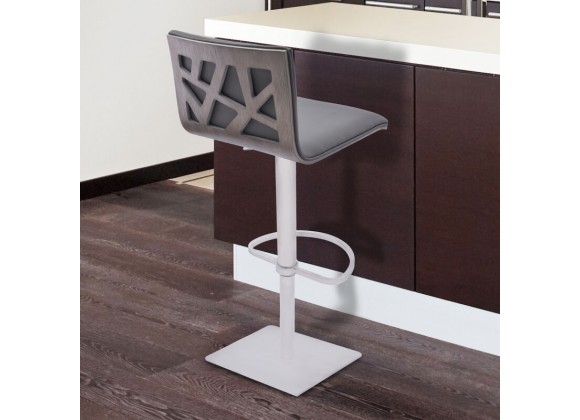 Armen Living Crystal Adjustable Swivel Barstool In Gray Faux Leather With Brushed Stainless Steel Finish And Gray Walnut Veneer Back