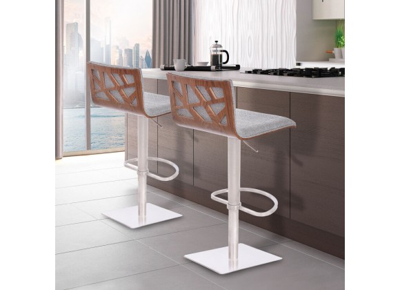 Armen Living Crystal Barstool In Brushed Stainless Steel finish With Gray Fabric And Walnut Back